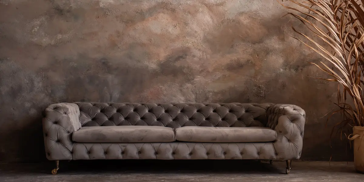 Luxurious tufted sofa with premium sofa upholstery, set against a rustic textured wall. Perfect for enhancing interiors with elegant furniture upholstery and timeless design. Ideal for homes or offices in Bahrain, showcasing high-quality craftsmanship and style.