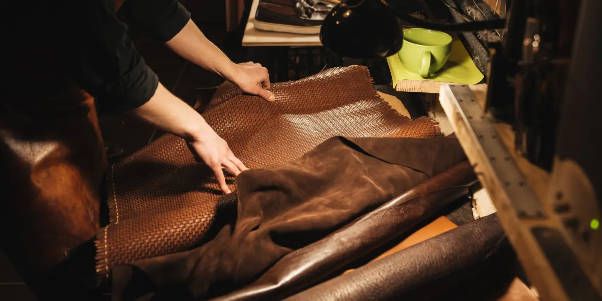 A craftsman working with premium leather upholstery materials, showcasing the process of creating high-quality sofa upholstery, furniture upholstery, and cushion upholstery. The workspace highlights expertise in upholstery repair and custom designs for both residential and commercial interiors. Perfect for enhancing spaces with durable and stylish couch upholstery fabric and innovative solutions like walls upholstery and floor upholstery.