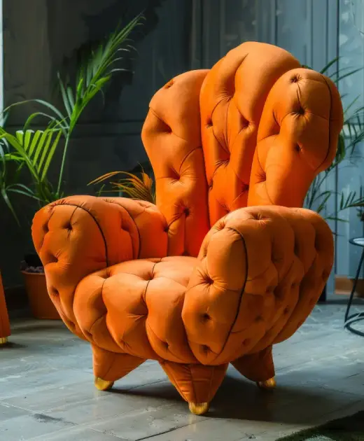 Custom Chair Upholstery – A luxurious orange tufted armchair, demonstrating tailored chair upholstery services in Bahrain for unique furniture designs.